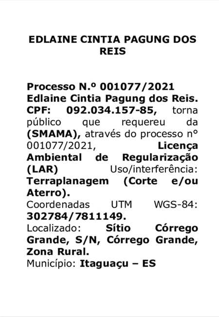 LICENÇA AMBIENTAL REQUERIDA - EDLAINE CINTIA PAGUNG DOS REIS.